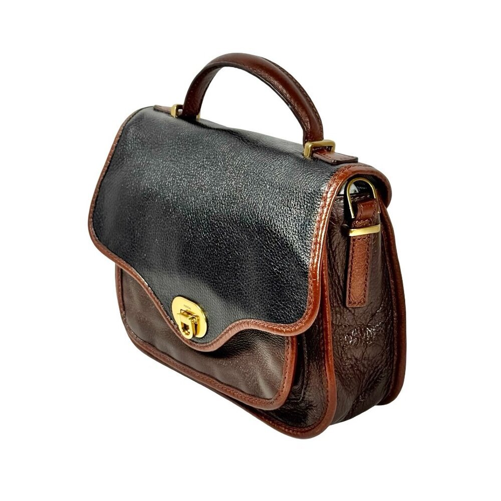 Fossil Heritage Crossbody Bag Top Handle Black Brown Leather Preppy - Picture 5 of 16